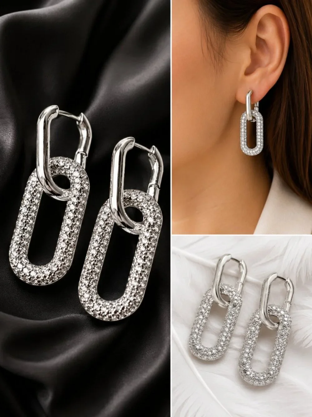 Silver Pavé Link Drop Earrings Crystal Statement Earrings